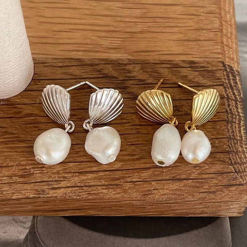 925 Sterling Silver With 14k Gold Plated Scallop Pearl Dangle Earrings, Scallop Dangle For Women, Summer Pearl Dangle Earrings