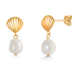 Load image into Gallery viewer, 925 Sterling Silver With 14k Gold Plated Scallop Pearl Dangle Earrings, Scallop Dangle For Women, Summer Pearl Dangle Earrings
