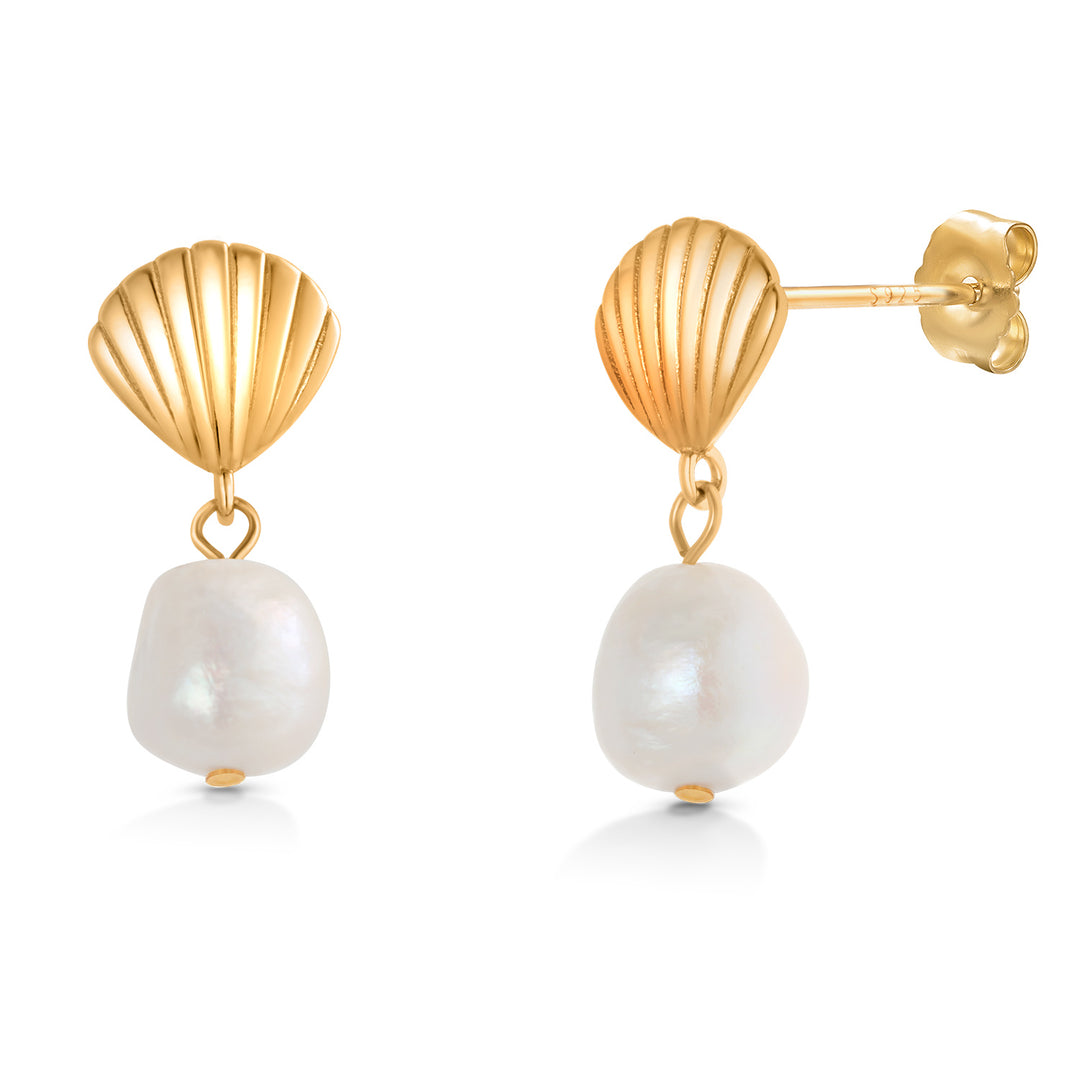 925 Sterling Silver With 14k Gold Plated Scallop Pearl Dangle Earrings, Scallop Dangle For Women, Summer Pearl Dangle Earrings