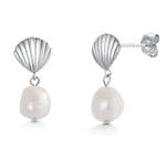 Load image into Gallery viewer, 925 Sterling Silver With 14k Gold Plated Scallop Pearl Dangle Earrings, Scallop Dangle For Women, Summer Pearl Dangle Earrings
