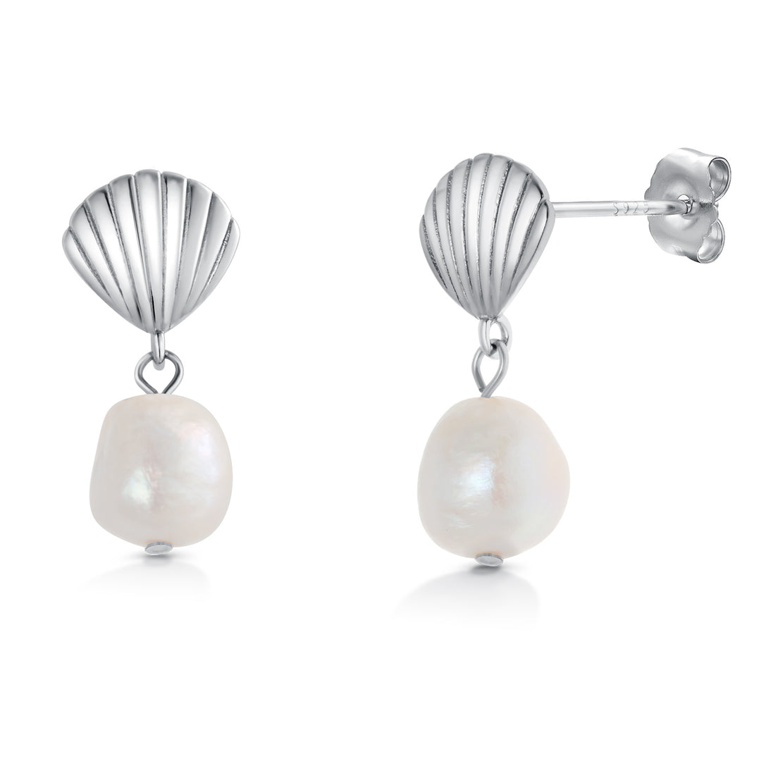 925 Sterling Silver With 14k Gold Plated Scallop Pearl Dangle Earrings, Scallop Dangle For Women, Summer Pearl Dangle Earrings