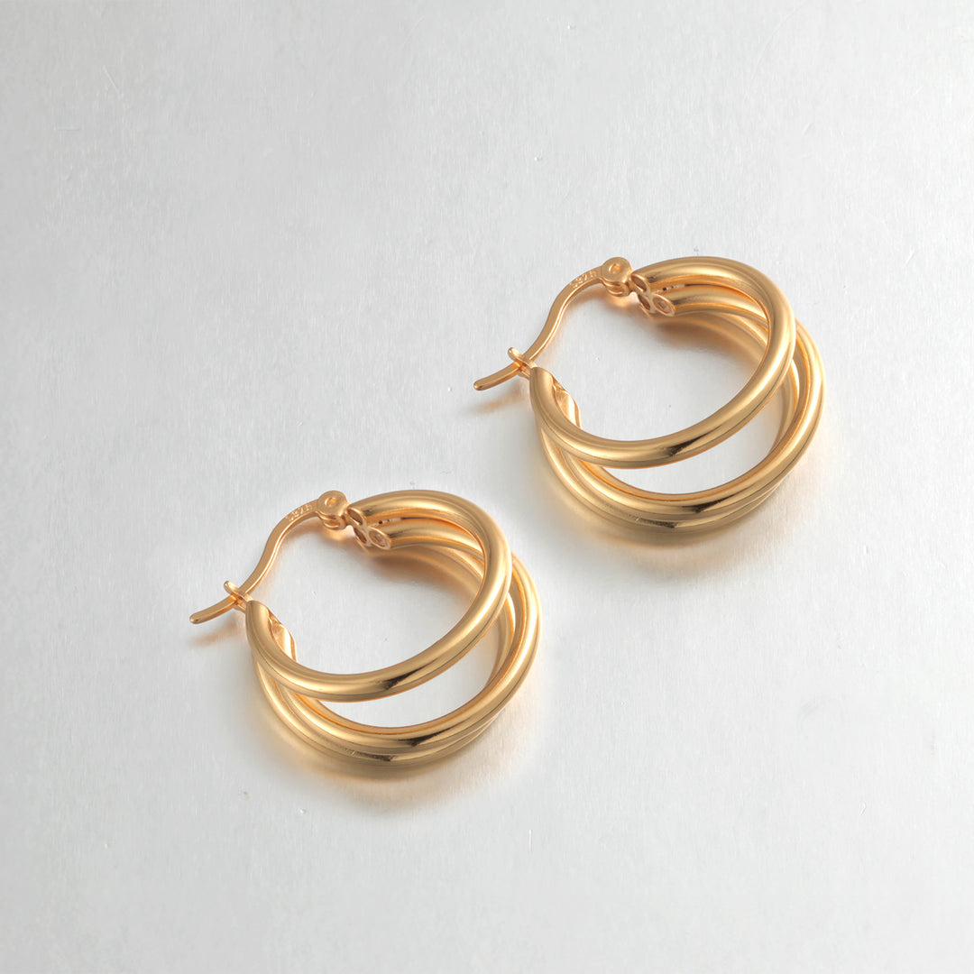 925 Sterling Silver With 14k Gold Plated triple Hoop Earrings, Modern Hoop Earrings, Everyday Lightweight Earrings Jewelry, Round Hoops