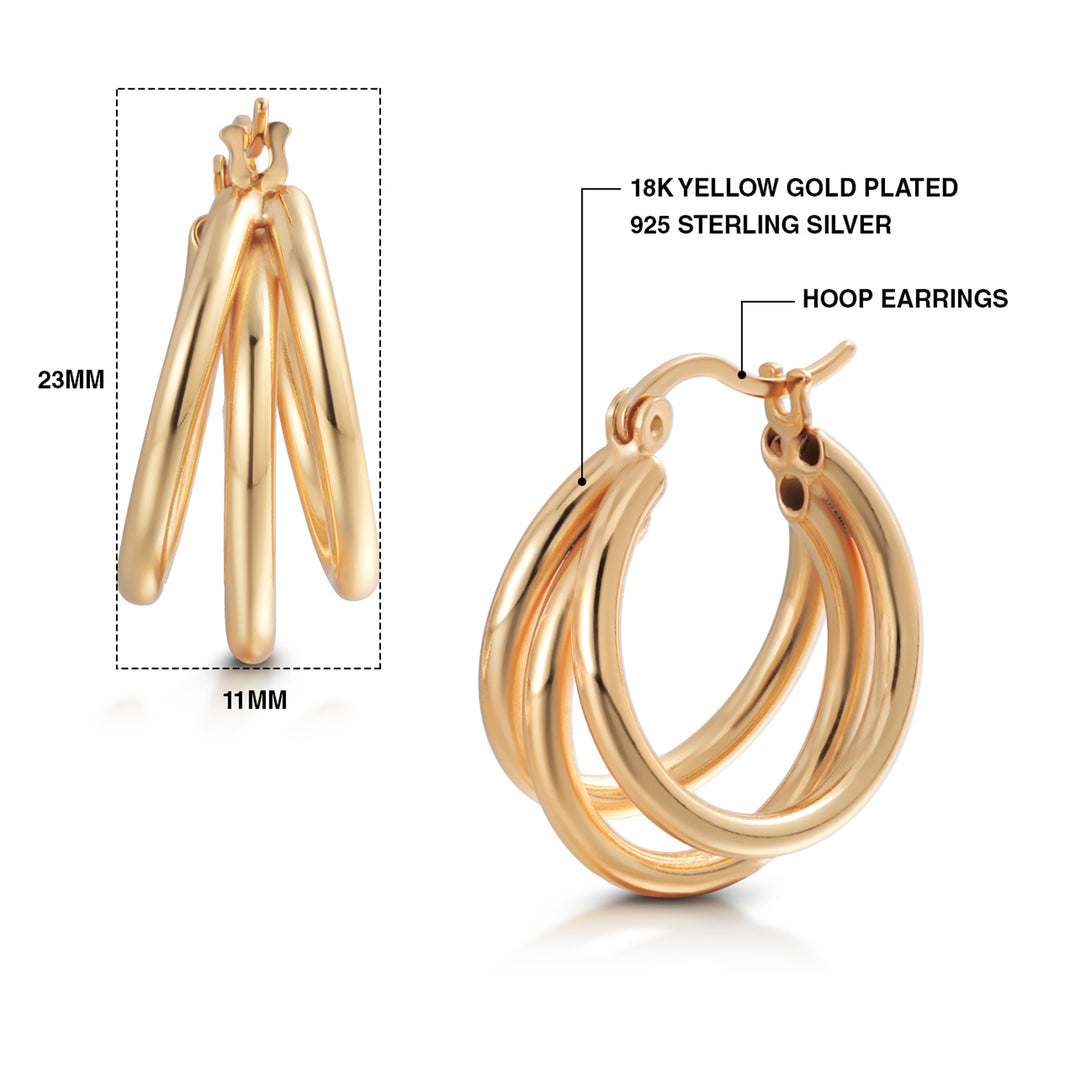 925 Sterling Silver With 14k Gold Plated triple Hoop Earrings, Modern Hoop Earrings, Everyday Lightweight Earrings Jewelry, Round Hoops