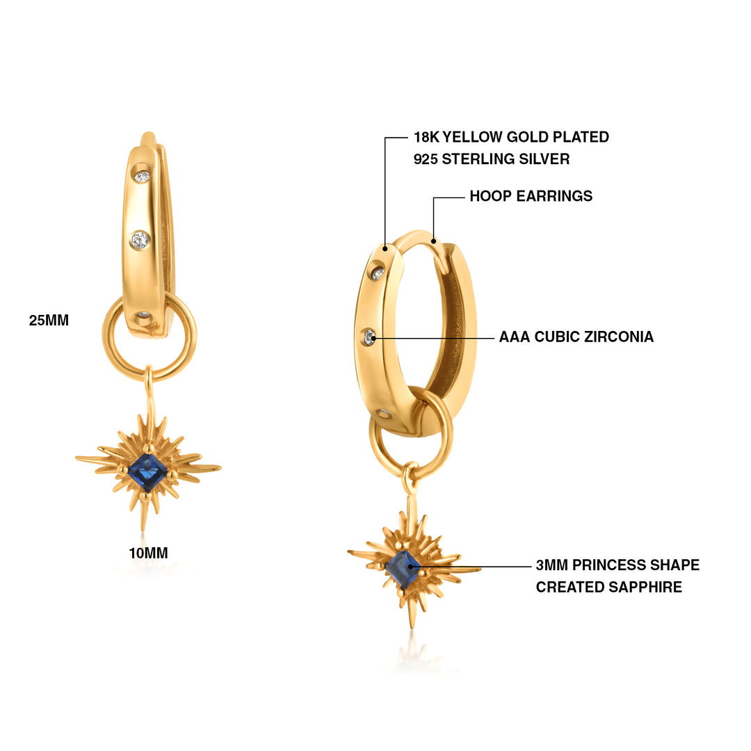 925 Sterling Silver With 14k Gold Plated Created Sapphire Starburst Drop Earrings, Minimalist Cz Huggies Earrings, Perfect For Gift