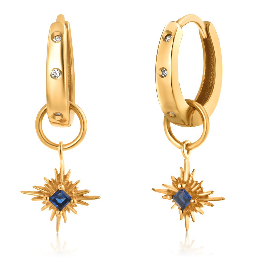 925 Sterling Silver With 14k Gold Plated Created Sapphire Starburst Drop Earrings, Minimalist Cz Huggies Earrings, Perfect For Gift