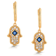 925 Sterling Silver With 14k Gold Plated Fatima Hamsa Dangle Earrings, Created Sapphire with Cz Hamsa Dangle, Hamsa Hand Dangle Earrings