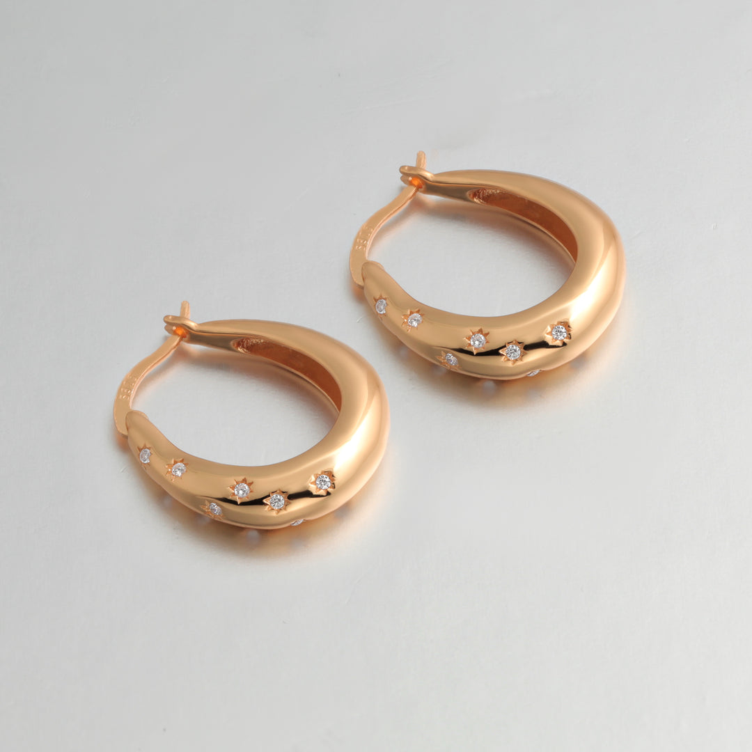 925 Sterling Silver With 14k Gold Plated Oval Cz Huggie Hoop Earrings, Dome Hoop Earrings, Cz Chunky Huggies, Perfect Gift For Any Occasion