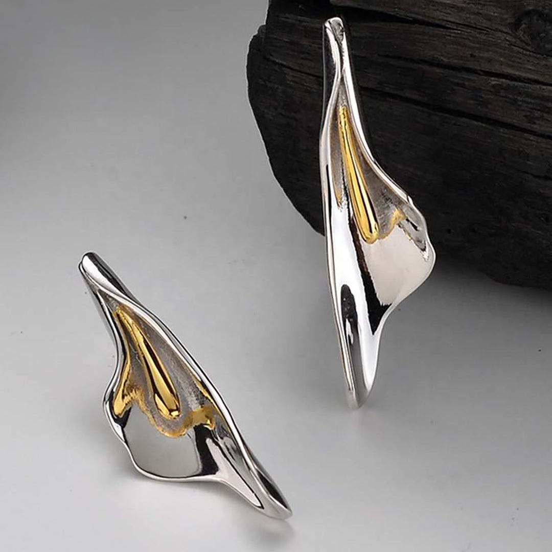 925 Sterling Silver With 14k Gold Plated Long Flower Stud Earrings, Statement Earrings, Trendy Earrings, Party Earrings, Perfect For Gift
