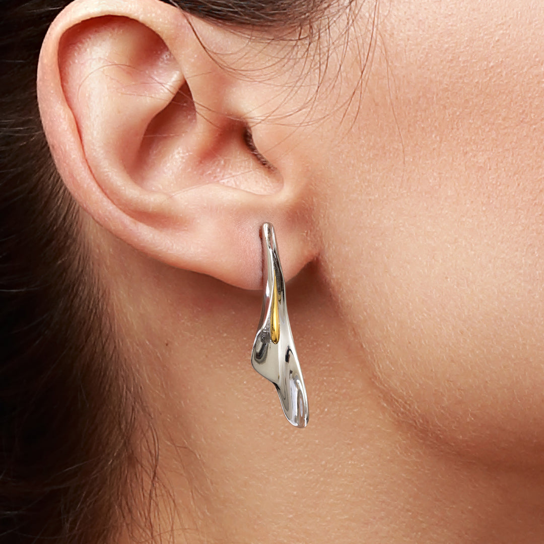 925 Sterling Silver With 14k Gold Plated Long Flower Stud Earrings, Statement Earrings, Trendy Earrings, Party Earrings, Perfect For Gift