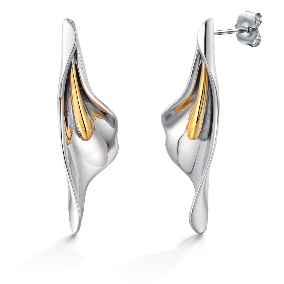 925 Sterling Silver With 14k Gold Plated Long Flower Stud Earrings, Statement Earrings, Trendy Earrings, Party Earrings, Perfect For Gift