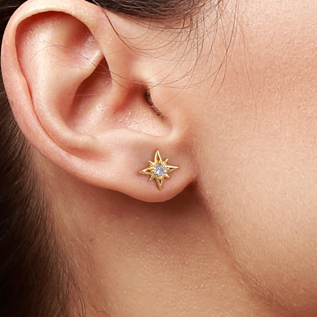 925 Sterling Silver With 14K Yellow Gold Plated Starburst Cz Stud Earrings, Minimalist Celestial Star Studs, Dainty Studs, Perfect For Gift