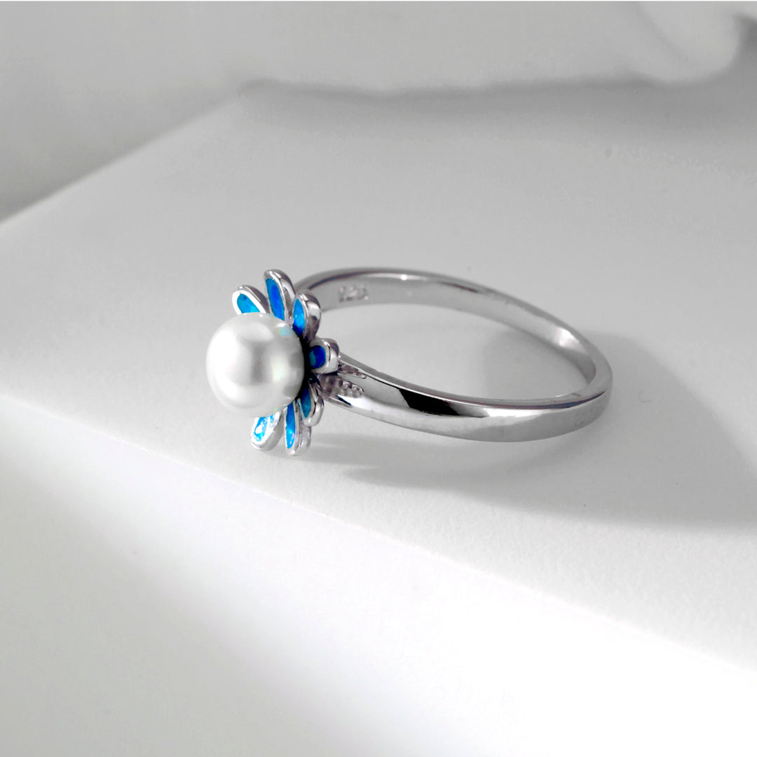 925 Sterling Silver Freshwater Culture Pearl And Created Opal Ring, Freshwater Cultured Pearl Silver Ring, Created Opal Rings, Pearl Ring, Opal Rings, Rings for Gift
