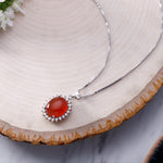 Load image into Gallery viewer, 925 Sterling Silver Simulated Agate CZ Halo Pendant, Red Simulated Agate Halo Necklace, Halo Pendant, Halo Design Agate Pendant, Pendant For Gift

