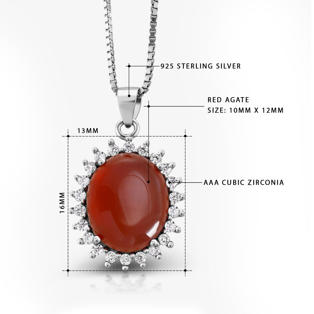 925 Sterling Silver Simulated Agate CZ Halo Pendant, Red Simulated Agate Halo Necklace, Halo Pendant, Halo Design Agate Pendant, Pendant For Gift