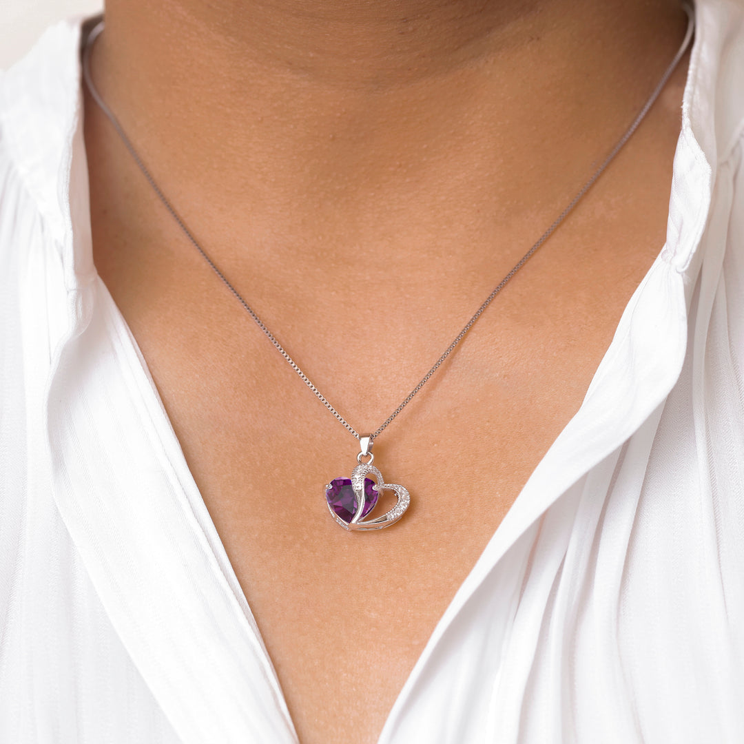 925 Sterling Silver Amethyst Double Heart Cz Pendant, Amethyst Heart Pendant, CZ Heart Pendant, Silver Jewelry, Double Heart CZ Pendant, February Birthstone Jewelry, Heart Pendant