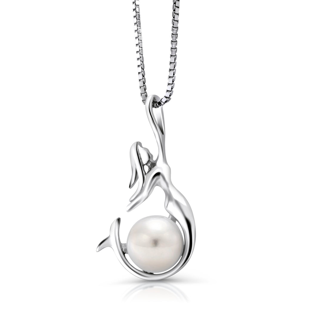 925 Sterling Silver Mermaid Pearl Pendant with 18'' Box Chain, Freshwater Cultured Pearl Mermaid Pendant, Mermaid Pendant, Pearl Pendant