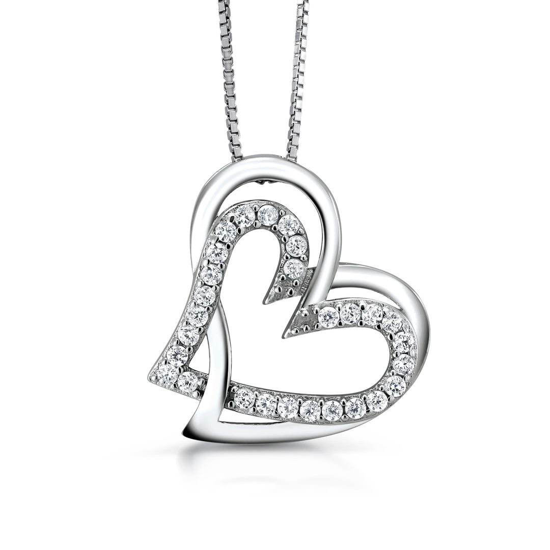 925 Sterling Silver Double Open Heart CZ Pendant Necklace-18'' Chain, Interlocking Open Heart Pendant, Heart CZ Pendant, Interlocking Pendant, Cz Pendant