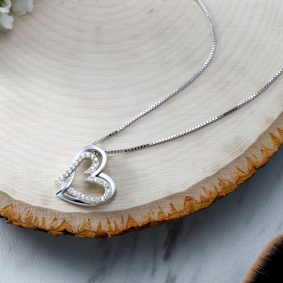925 Sterling Silver Double Open Heart CZ Pendant Necklace-18'' Chain, Interlocking Open Heart Pendant, Heart CZ Pendant, Interlocking Pendant, Cz Pendant