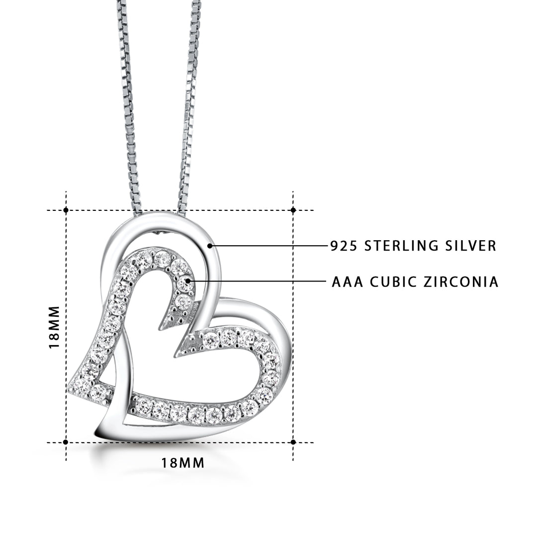 925 Sterling Silver Double Open Heart CZ Pendant Necklace-18'' Chain, Interlocking Open Heart Pendant, Heart CZ Pendant, Interlocking Pendant, Cz Pendant