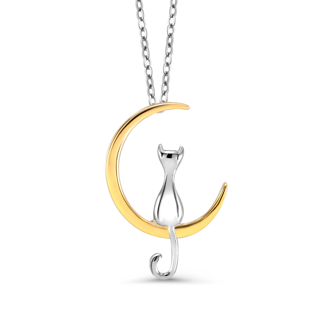 925 Sterling Silver Cat On The Moon Pendant, Silver Cat Pendant, Cute Cat Pendant, Cat Moon Pendant, Gift For Cat Lovers, Hypoallergenic Pendant, Silver jewelry, Animal Jewelry