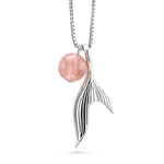 Load image into Gallery viewer, 925 Sterling Silver Fish Tail Rose Simulated Quartz Ball Pendant, Silver Fish Tail Simulated Red Quartz Crystal Ball Necklace, Fish Tail Pendant, Hypoallergenic Pendant
