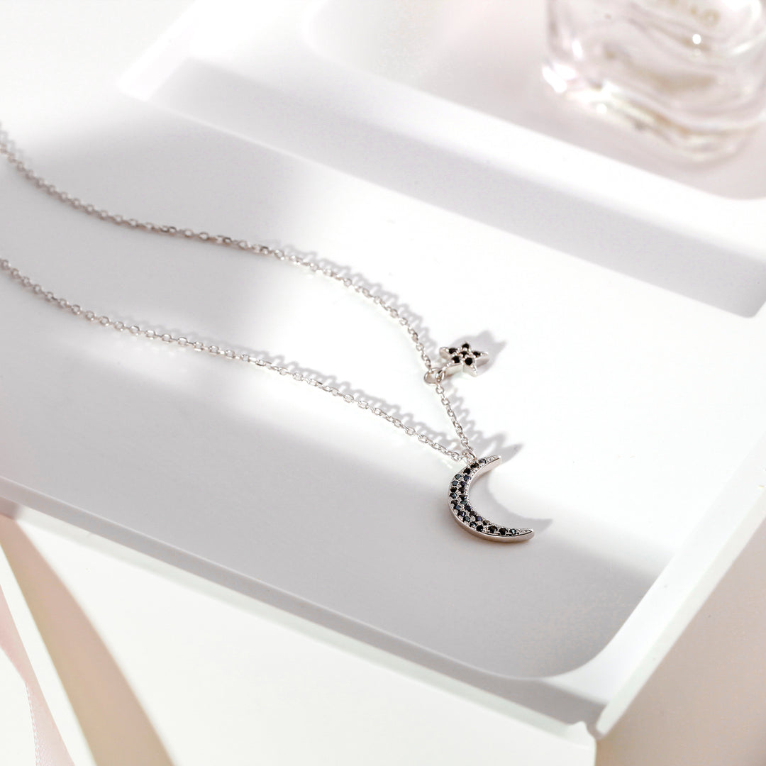 925 Sterling Silver Moon  Necklace-16''+2'' Chain, Black Onyx Necklace, Moon And Star Necklace, Moon And Star Charm Necklace, Hypoallergenic Necklace