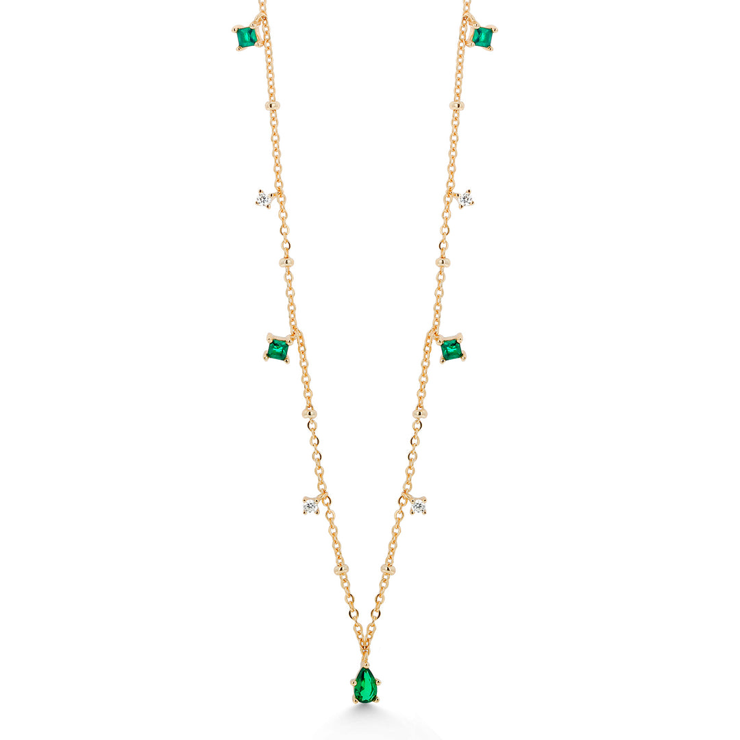925 Sterling Silver Yards Necklace-16"+2" Chain, 14k Gold Plated Cz Necklace, Multi Color Cz Yards Necklace, Created Emerald Yard Necklace, Layering Necklace