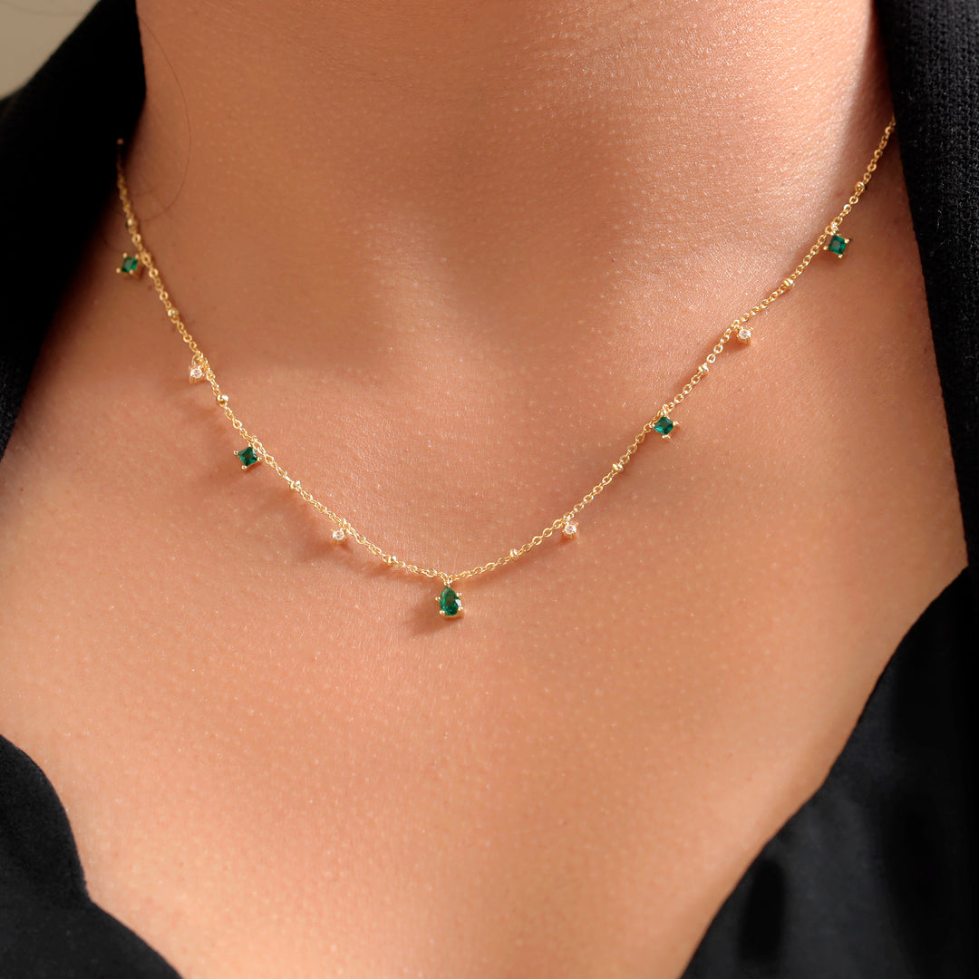 925 Sterling Silver Yards Necklace-16"+2" Chain, 14k Gold Plated Cz Necklace, Multi Color Cz Yards Necklace, Created Emerald Yard Necklace, Layering Necklace