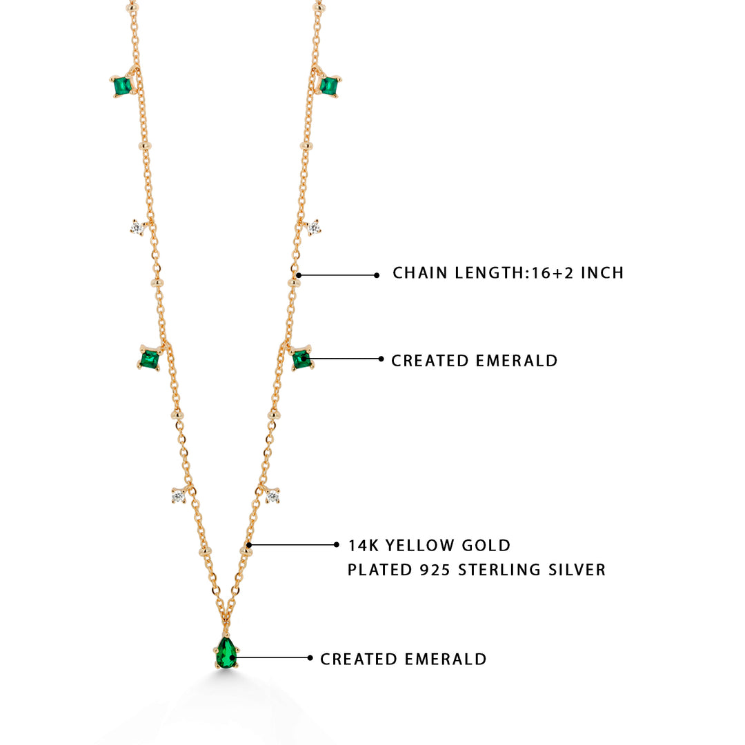 925 Sterling Silver Yards Necklace-16"+2" Chain, 14k Gold Plated Cz Necklace, Multi Color Cz Yards Necklace, Created Emerald Yard Necklace, Layering Necklace