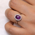Load image into Gallery viewer, 925 Sterling Silver Oval Simulated Amethyst Halo Ring, Amethyst Halo Rings, February Birthstone Jewelry, Silver Jewelry, Adjustable Rings, Hypoallergenic Ring, Halo Ring
