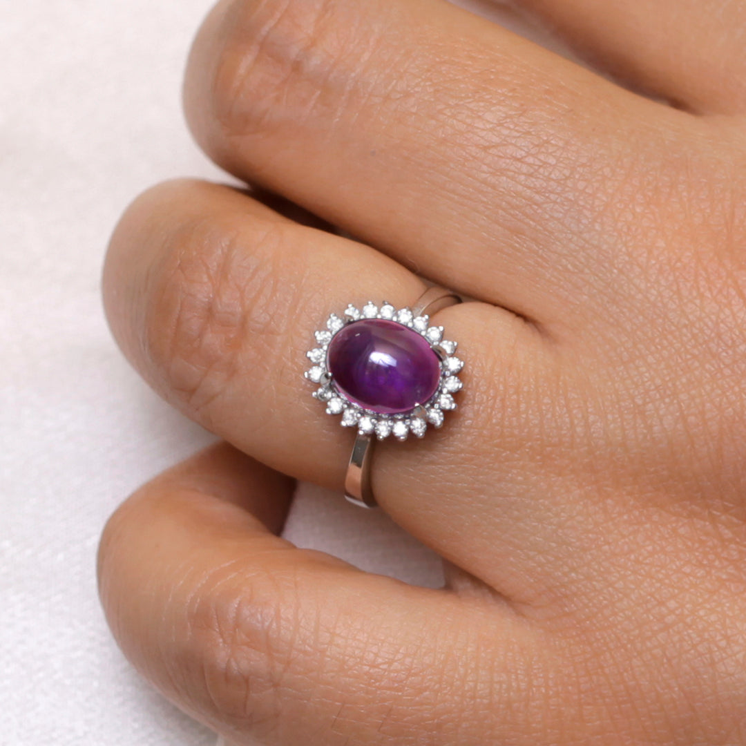 925 Sterling Silver Oval Simulated Amethyst Halo Ring, Amethyst Halo Rings, February Birthstone Jewelry, Silver Jewelry, Adjustable Rings, Hypoallergenic Ring, Halo Ring