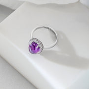 925 Sterling Silver Oval Simulated Amethyst Halo Ring, Amethyst Halo Rings, February Birthstone Jewelry, Silver Jewelry, Adjustable Rings, Hypoallergenic Ring, Halo Ring
