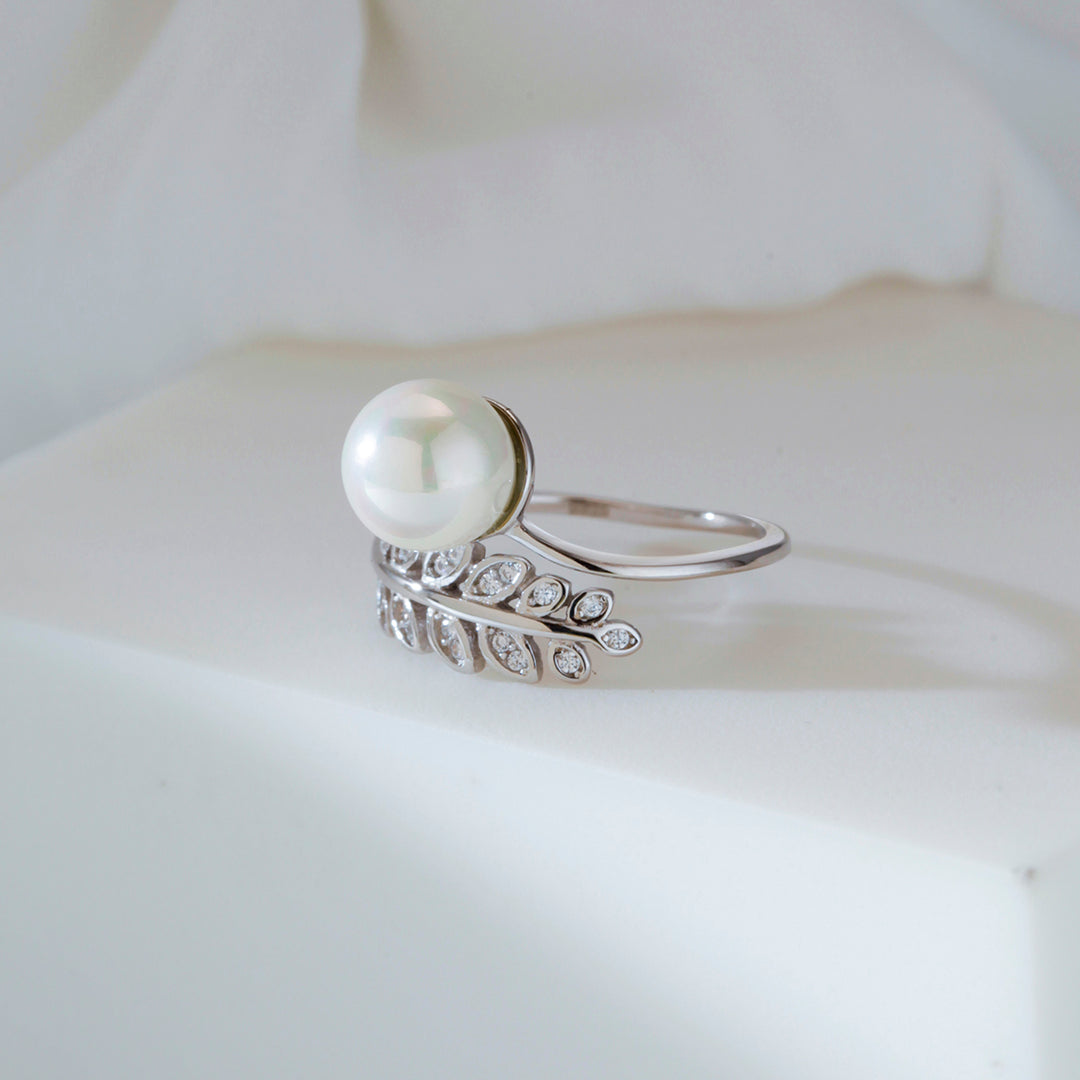 925 Sterling Silver Pearl And Cz Fern Leaf Rings For Women, Pearl Adjustable Rings, Pearl Rings, Pearl Cz Rings , Fern Design Pearl Rings, Leaf Ring, Cz Leaf Ring