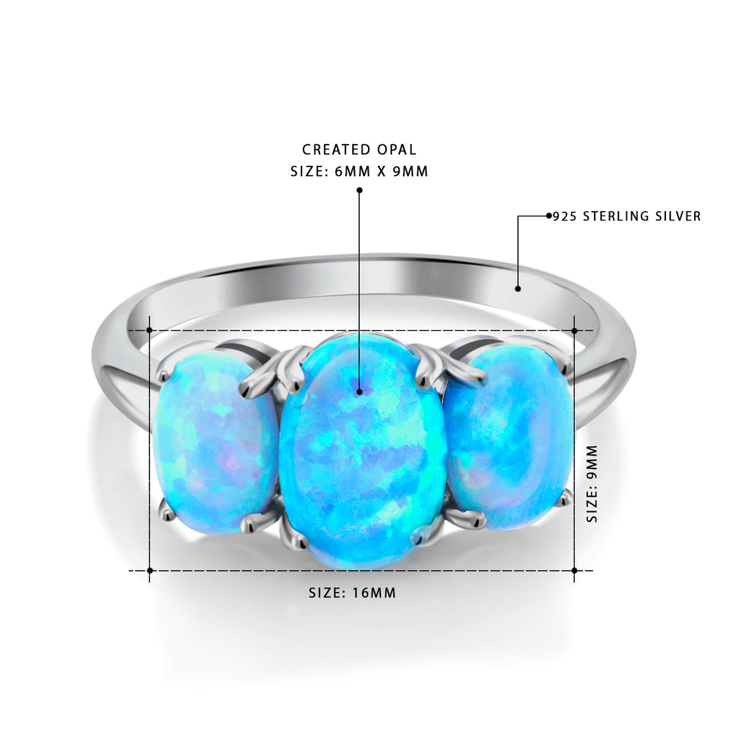 925 Sterling Silver Oval Created Opal Ring, Opal Ring, Vintage Silver Opal Ring, Created Blue Opal Ring, Three Stone Created Opal Ring