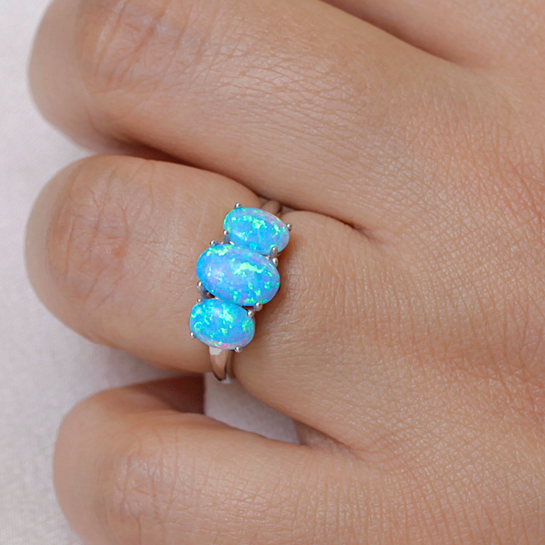 925 Sterling Silver Oval Created Opal Ring, Opal Ring, Vintage Silver Opal Ring, Created Blue Opal Ring, Three Stone Created Opal Ring