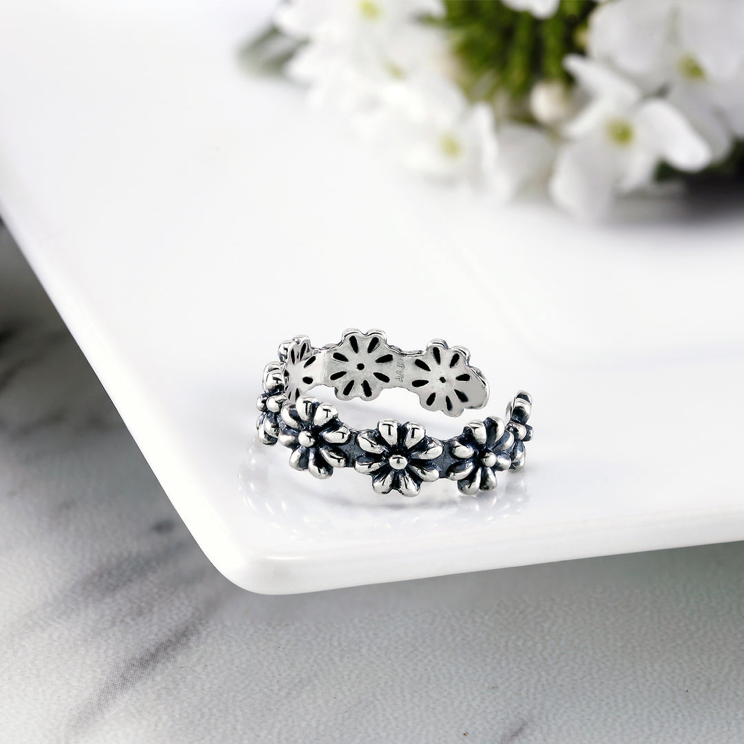 925 Sterling Silver oxidize Flower Ring, Flower Ring, Adjustable Flower Ring, Boho Flower Ring, Unique Flower Ring, Oxidize Jewelry, Gift for Her