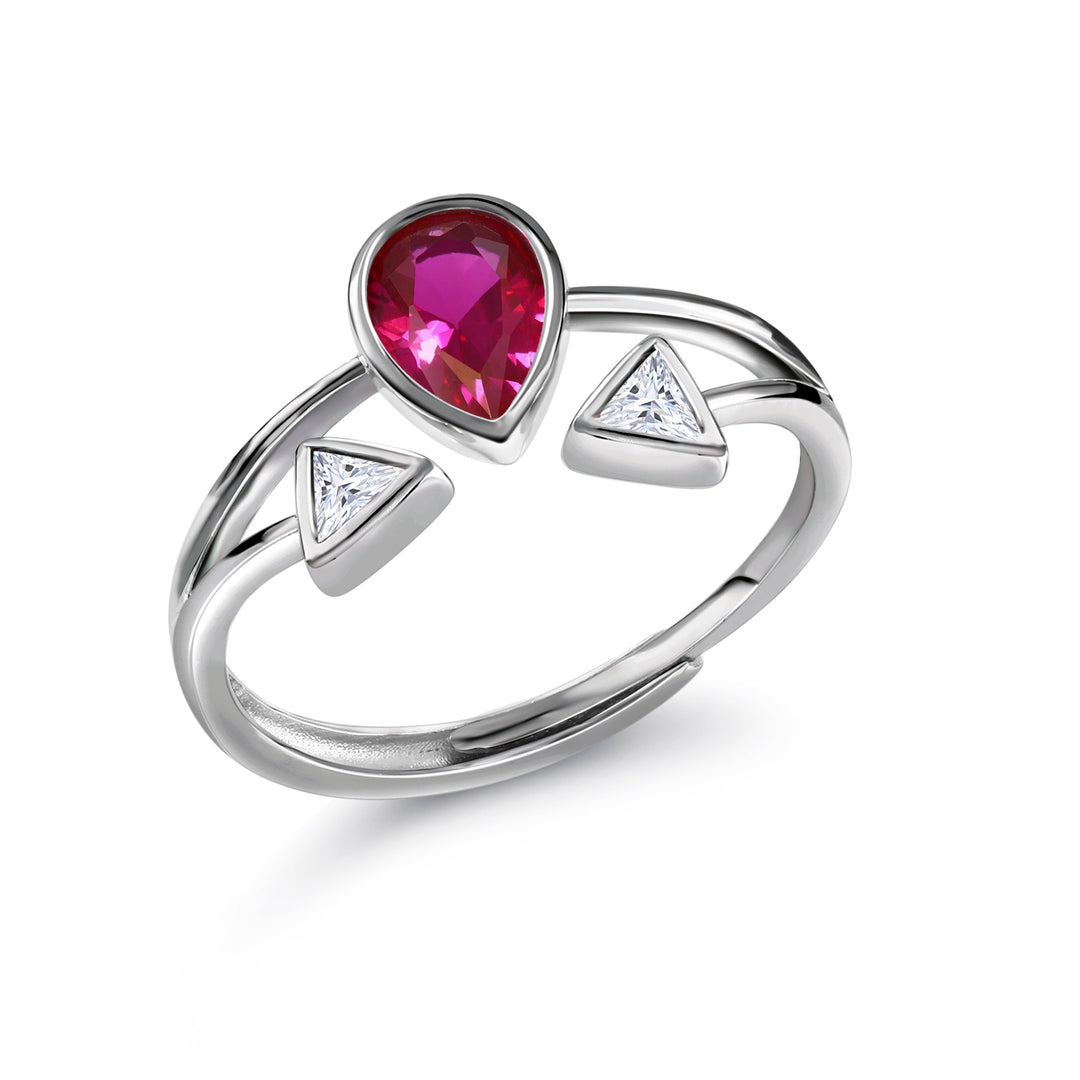 925 Sterling Silver Created Ruby And CZ Adjustable Ring