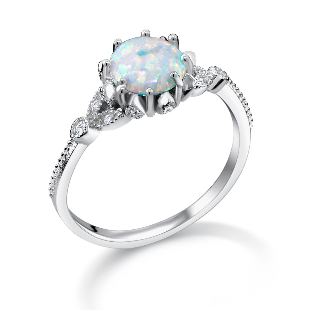 925 Sterling Silver Created Opal Ring, Simulated Opal Ring, Opal CZ Rings, Opal Ring Jewelry,  Opal Engagement Ring