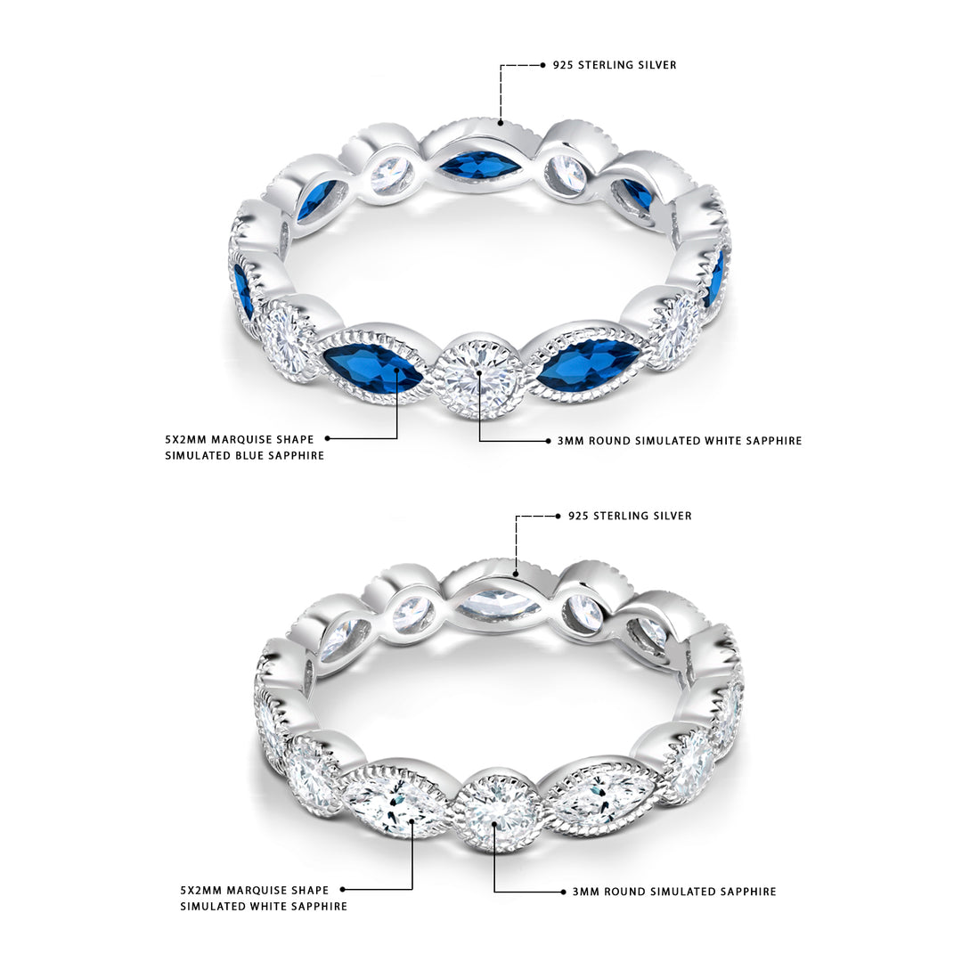 925 Sterling Silver White And Blue Simulated Sapphire Eternity Stacking Ring