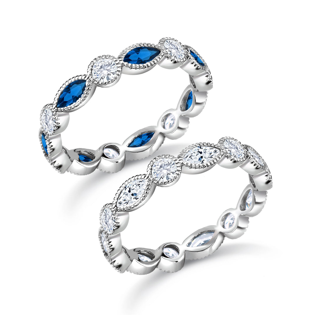 925 Sterling Silver White And Blue Simulated Sapphire Eternity Stacking Ring