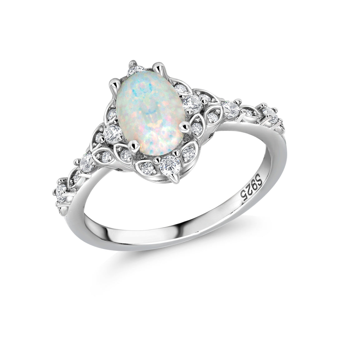 925 Sterling Silver Oval Created Opal And Cz Ring, Created Opal Ring, Opal Engagement Ring, Halo Opal Ring, Opal CZ Rings, Silver Jewelry
