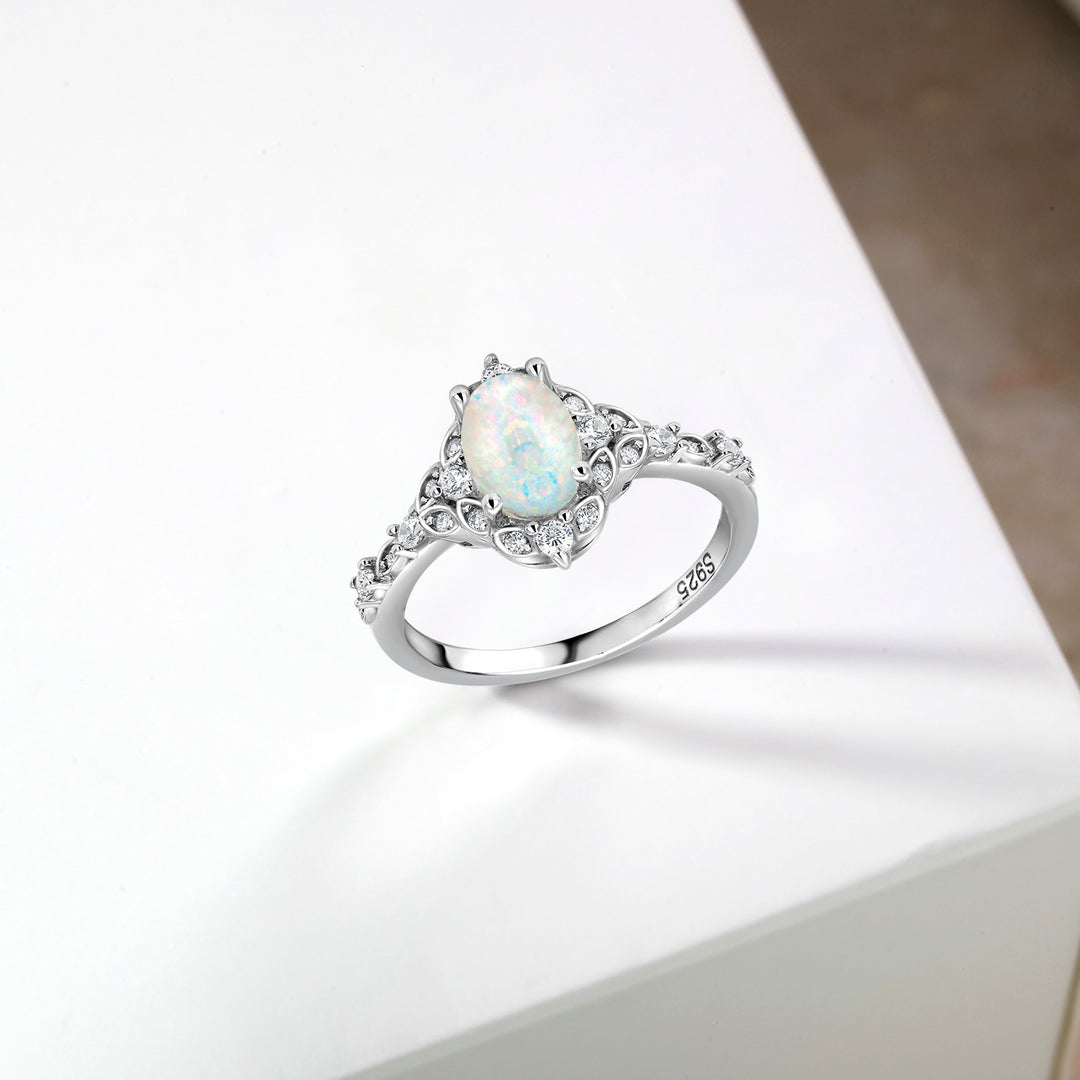 925 Sterling Silver Oval Created Opal And Cz Ring, Created Opal Ring, Opal Engagement Ring, Halo Opal Ring, Opal CZ Rings, Silver Jewelry