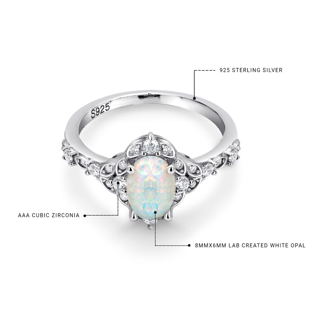 925 Sterling Silver Oval Created Opal And Cz Ring, Created Opal Ring, Opal Engagement Ring, Halo Opal Ring, Opal CZ Rings, Silver Jewelry