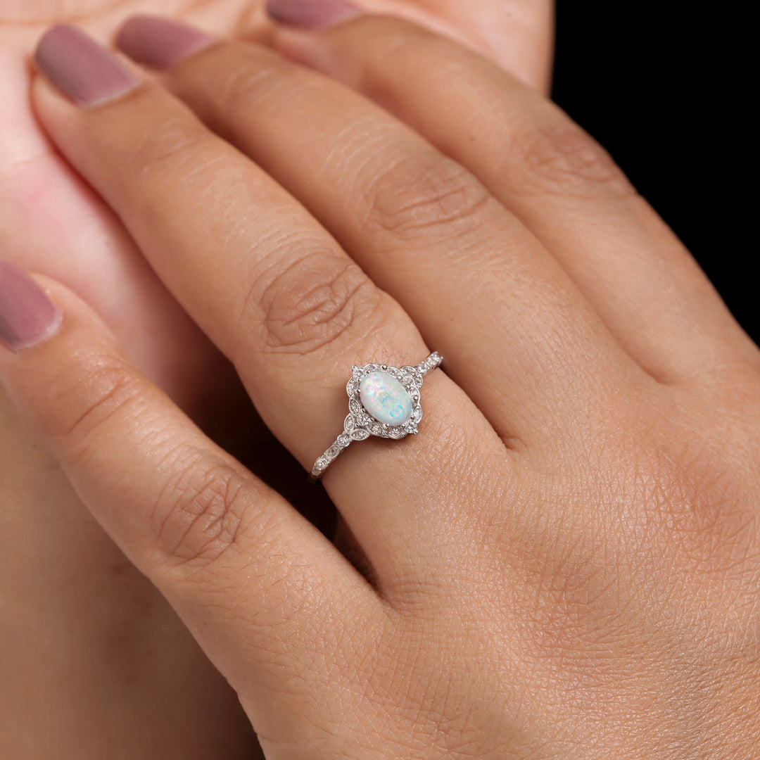 925 Sterling Silver Oval Created Opal And Cz Ring, Created Opal Ring, Opal Engagement Ring, Halo Opal Ring, Opal CZ Rings, Silver Jewelry
