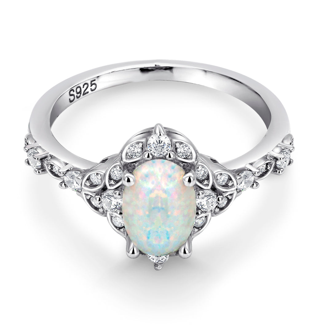 925 Sterling Silver Oval Created Opal And Cz Ring, Created Opal Ring, Opal Engagement Ring, Halo Opal Ring, Opal CZ Rings, Silver Jewelry