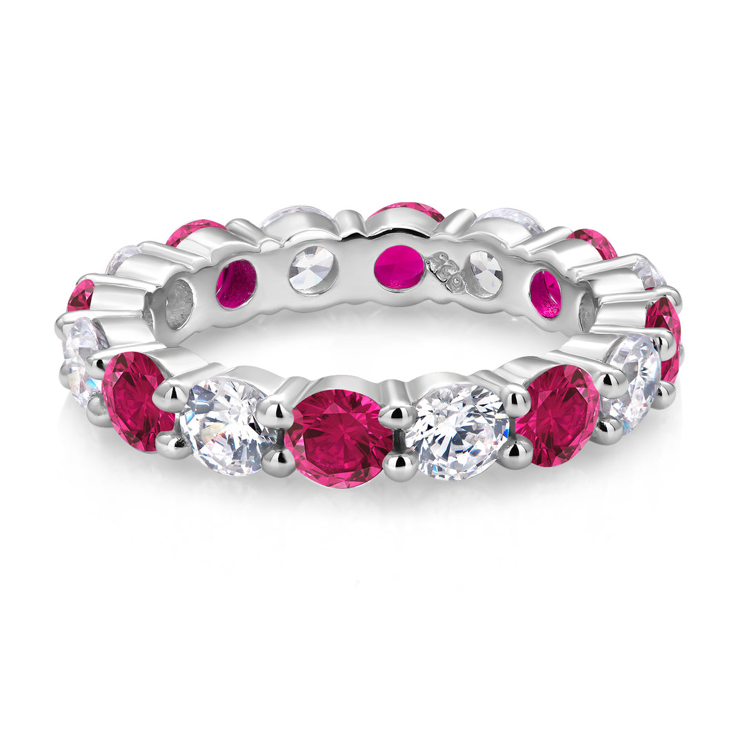 925 Sterling Sliver Eternity Band Ring, Simulated Ruby And Cz Eternity Ring, Round Cz And Simulated Ruby Ring, Wedding Band Ring, Silver Ring