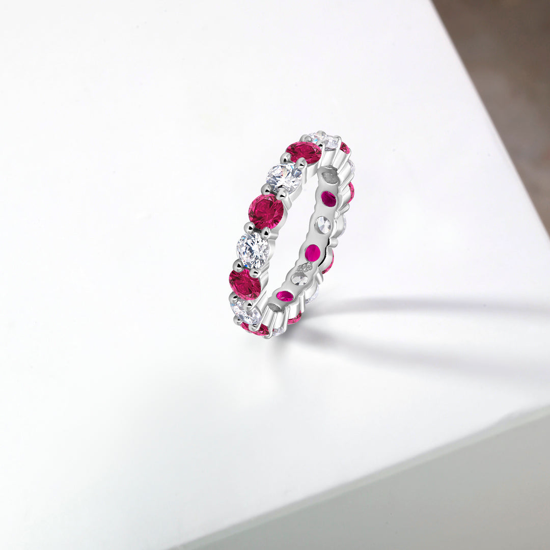 925 Sterling Sliver Eternity Band Ring, Simulated Ruby And Cz Eternity Ring, Round Cz And Simulated Ruby Ring, Wedding Band Ring, Silver Ring