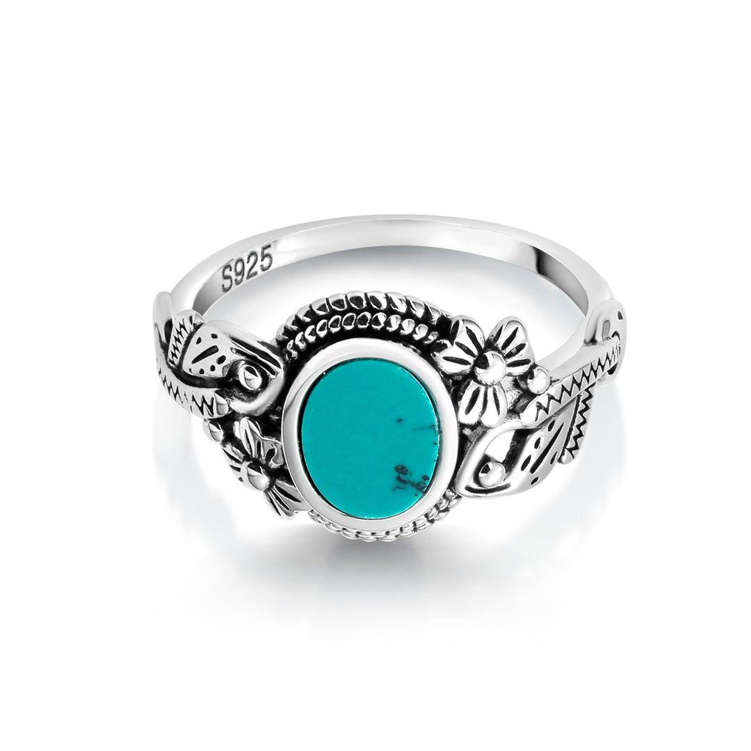 925 Sterling Silver Vintage Simulated Oval Turquoise Ring, Oxidized Flower Ring, Simulated Oval Turquoise Ring, Oxidized Silver Ring,&nbsp; Antique Ring, Lab Created Turquoise Ring