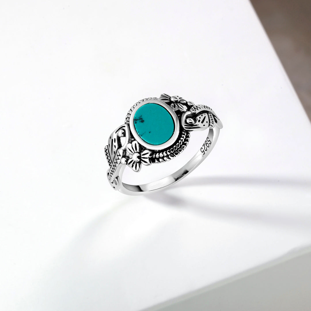 925 Sterling Silver Vintage Simulated Oval Turquoise Ring, Oxidized Flower Ring, Simulated Oval Turquoise Ring, Oxidized Silver Ring,&nbsp; Antique Ring, Lab Created Turquoise Ring
