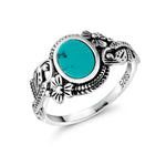 Load image into Gallery viewer, 925 Sterling Silver Vintage Simulated Oval Turquoise Ring, Oxidized Flower Ring, Simulated Oval Turquoise Ring, Oxidized Silver Ring,&nbsp; Antique Ring, Lab Created Turquoise Ring
